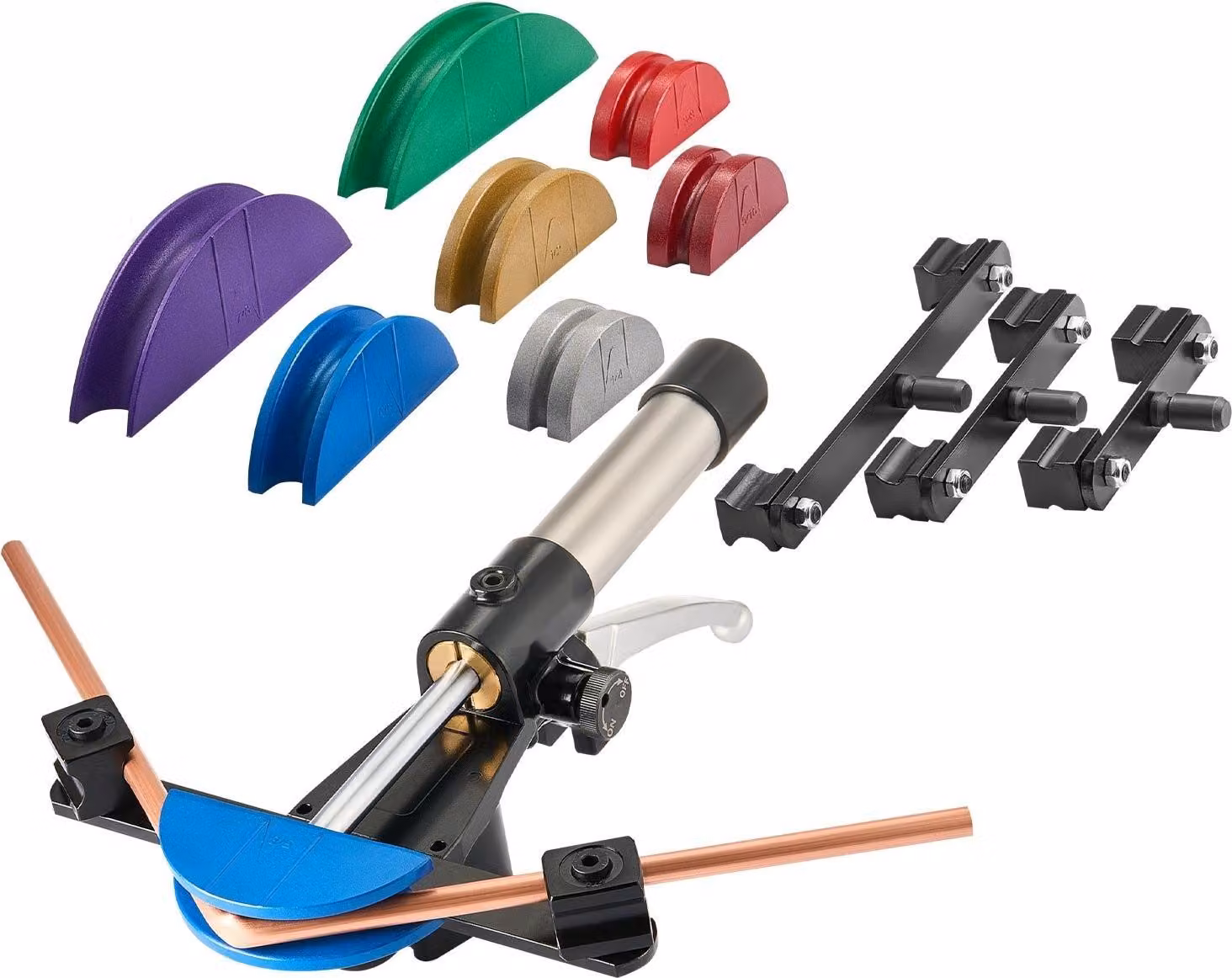 Piegatubi - Idraulico - Diametro tubo 6-22 mm - Angolo di piegatura 90° - Piegatura in avanti - Sette ganasce in lega di alluminio con codice colore - Per riscaldamento/ventilazione/climatizzazione/refrigerazione/automobili