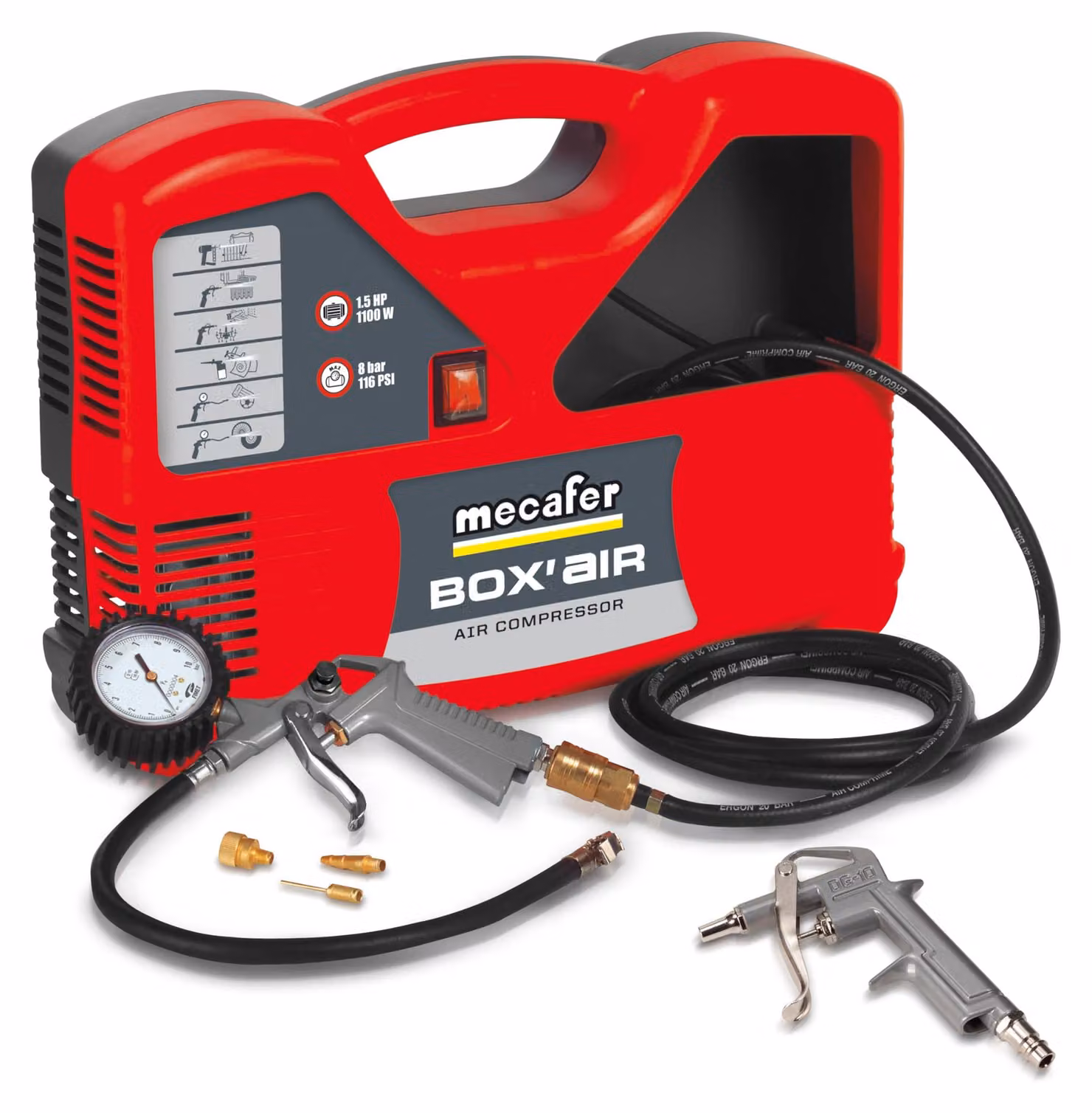 Compressore portatile, formato valigia, 230 Volt, 8 bar, 1,5 cavalli. Dotato di 3 metri di tubo e corpo in plastica
