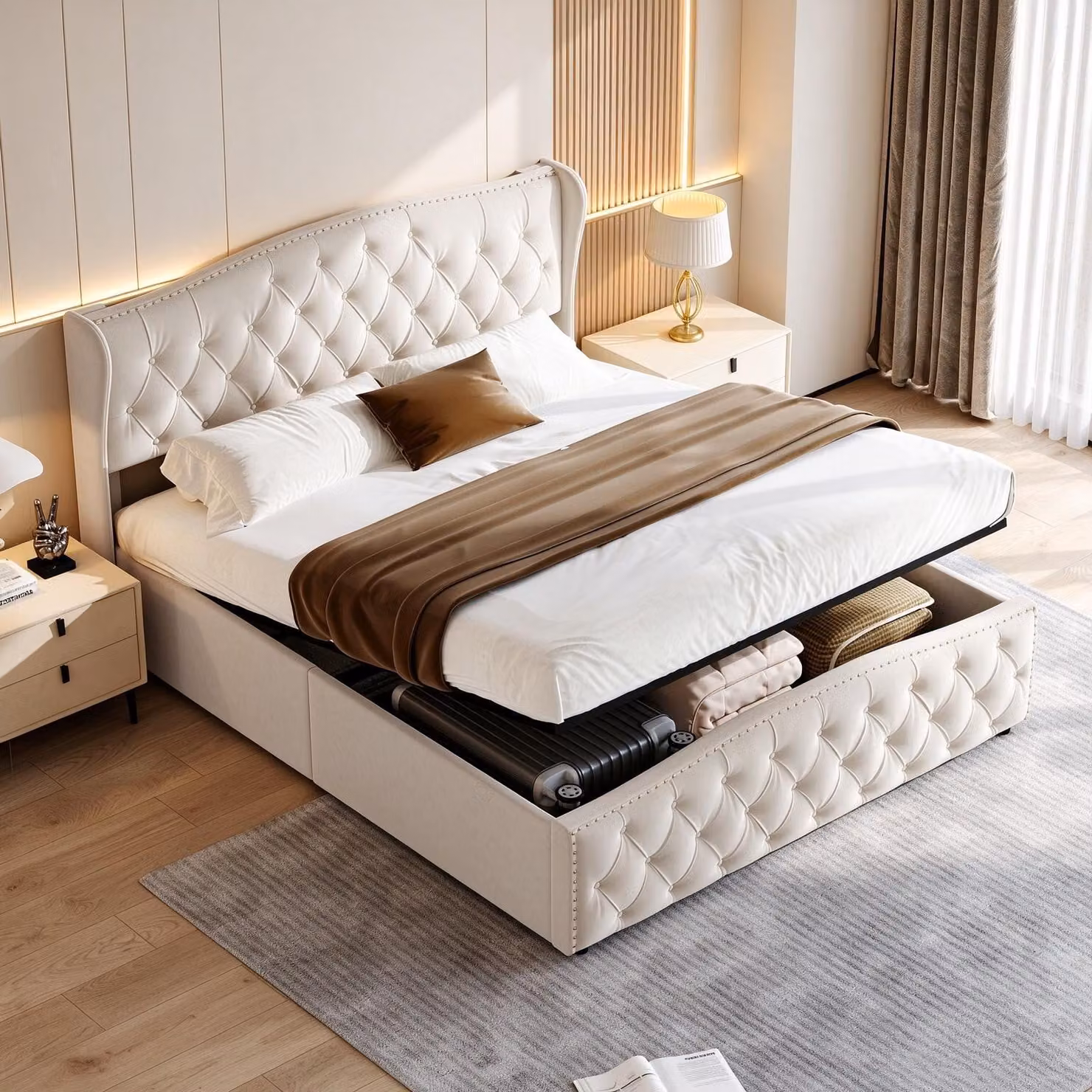 Letto imbottito INONEFT 140x200 cm con rete a doghe, letto matrimoniale con spazio contenitore, letto box con sistema idraulico, letto imbottito in velluto con spazio contenitore, colore beige
