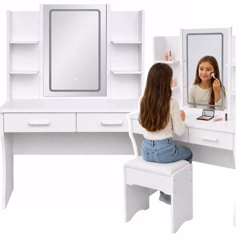 Tavolino da trucco con specchio a LED, ripiani e cassetti, bianco, 140 x 80 cm