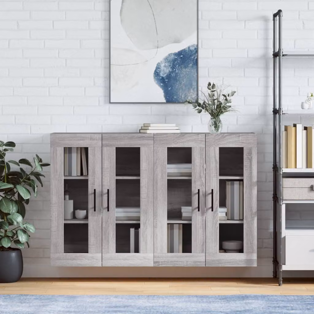Set di 2 armadietti a parete vidaXL in legno e vetro, colore grigio opaco
