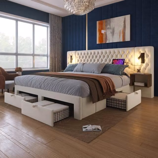 Letto matrimoniale 180x200 cm in velluto beige con 2 comodini; 4 cassetti; luci lettura; USB Type-C