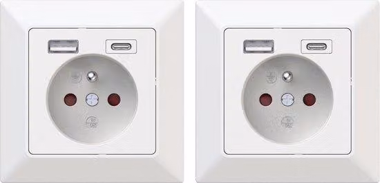 Set di prese USB con spina Schuko - Stazione di ricarica per telefoni cellulari - Scatola da parete - Bianco - Confezione da 2