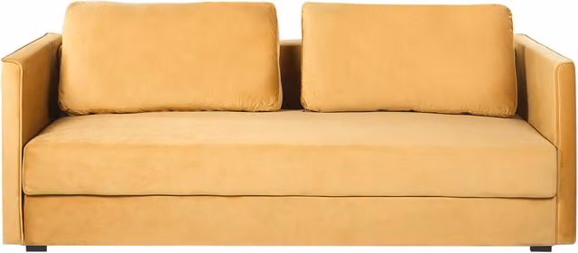 Divano letto Beliani in velluto giallo a 3 posti con vano contenitore e cuscini sfoderabili per soggiorno, L: 220 cm, P: 102 cm, H: 87 cm