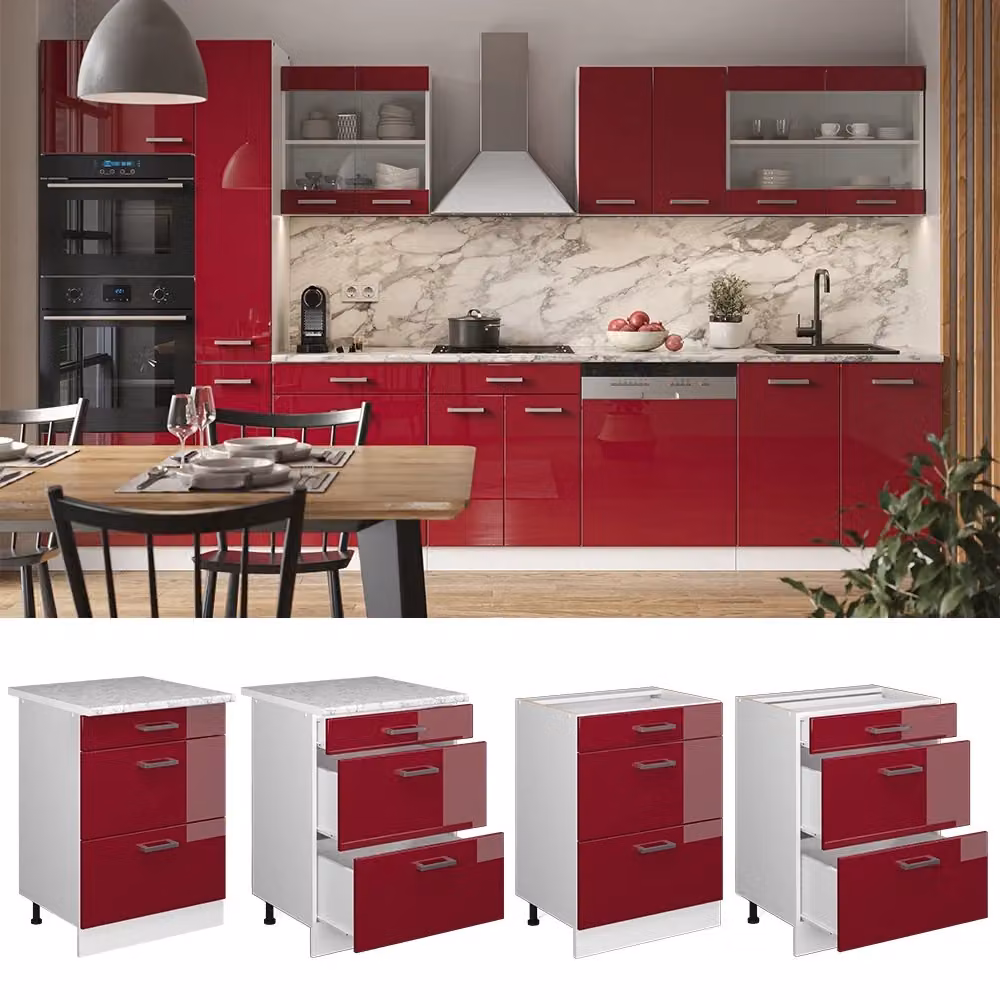 Mobiletto base per cucina Vicco R-Line Rosso lucido e Bianco con cassetti, senza piano di lavoro, L: 60 cm, H: 81,6 cm, P: 46 cm – 2