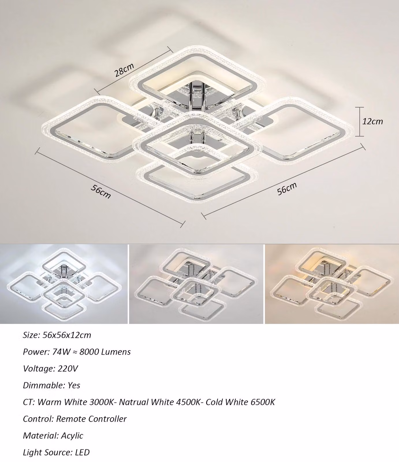 Pannello LED - Modello A3502 - Quadrato - Bianco freddo 6500 K - 5 sorgenti luminose - Non dimmerabile - Montaggio a parete - Nero