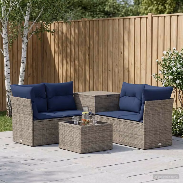 Set di divani da giardino vidaXL in rattan e acciaio con cuscini, Grigio e Blu Navy