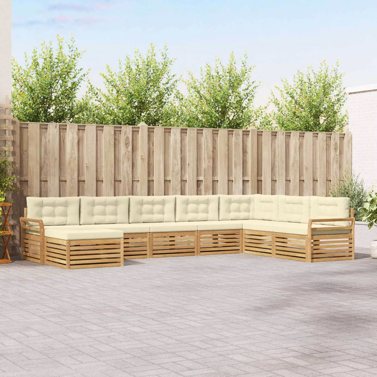 Set di divani da esterno a L vidaXL in legno di acacia con 8 pezzi, colore bianco e beige