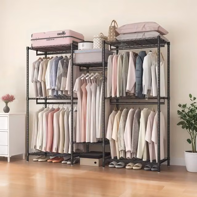 Armadio aperto 75,5x43,5x194 cm in metallo nero, 8 ripiani e 5 barre appendiabiti –