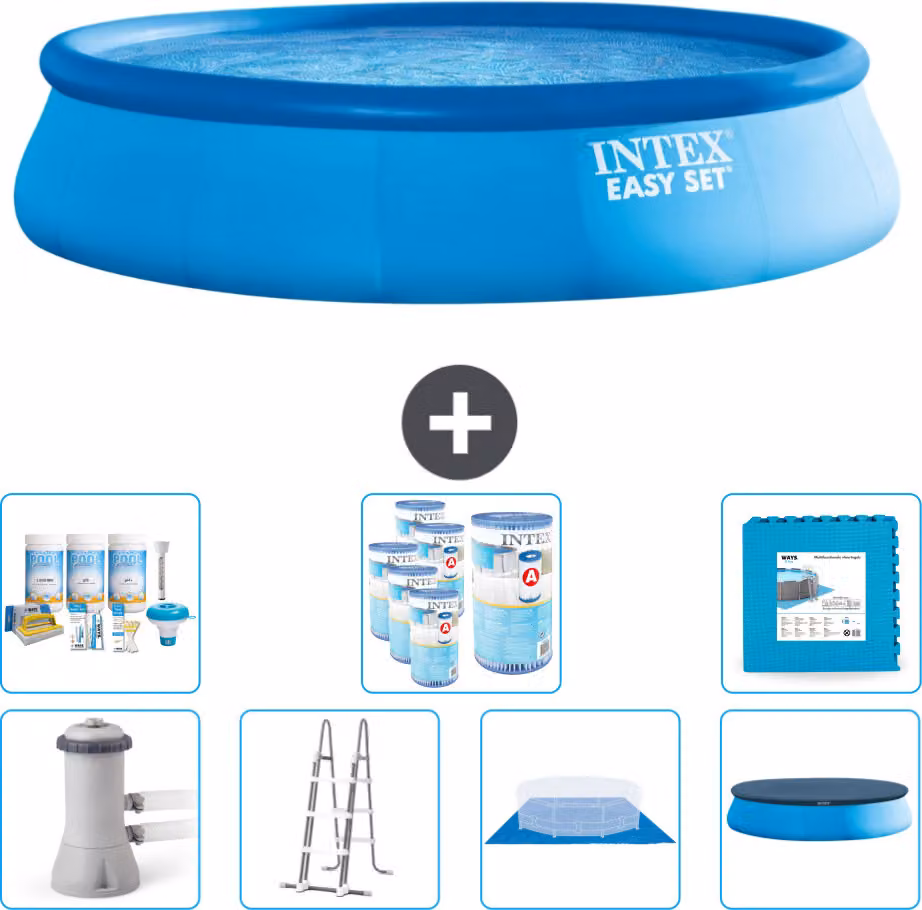 Piscina gonfiabile rotonda Easy Set di Intex - 457 x 107 cm - blu - pompa inclusa - scaletta - telo per il pavimento - pacchetto di manutenzione della copertura - filtro - piastrelle per il pavimento