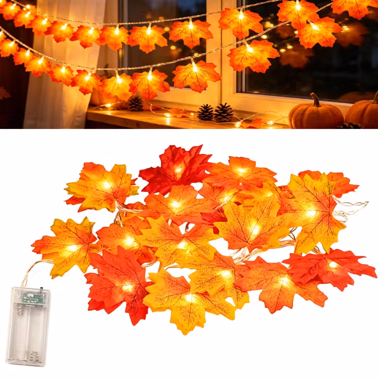 Catena luminosa a forma di foglie d'acero, lunghezza 3 metri, 20 LED, alimentata a batteria
