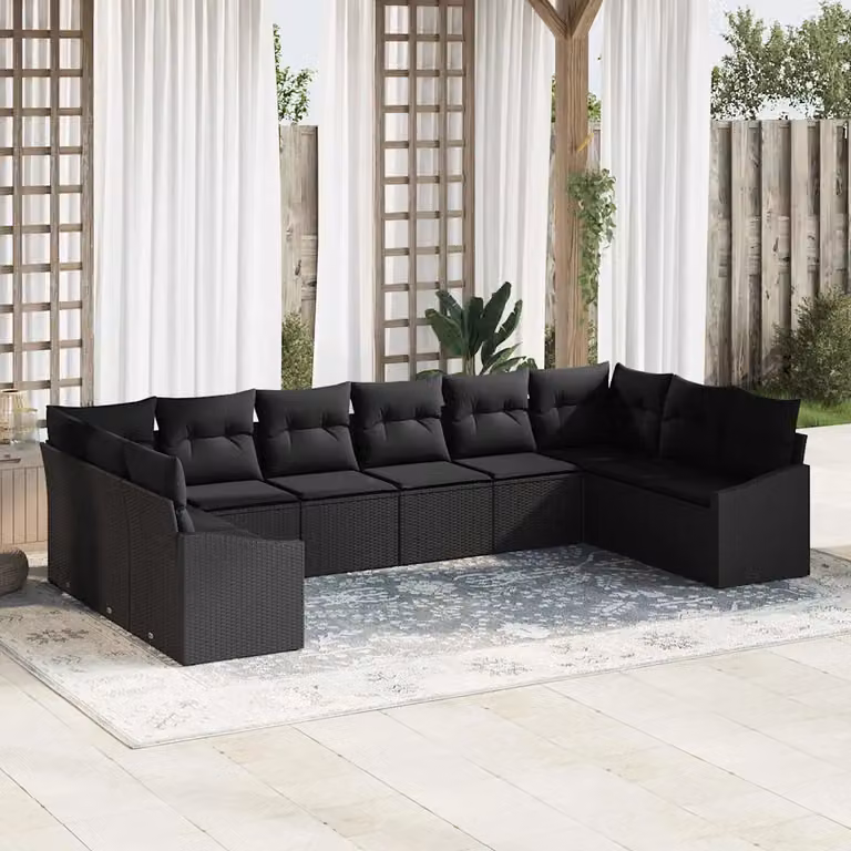 Set di divani da giardino vidaXL a forma di U composto da 10 pezzi in rattan nero con cuscini inclusi