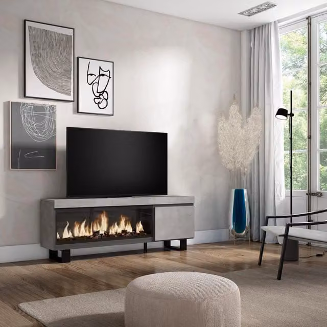 Mobile TV Soggiorno, 158x35x57cm, Per TV fino a 65", Camino elettrico XXL, Design industriale, grigio cemento RF3239