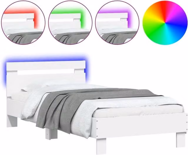 Letto singolo moderno bianco con testiera, illuminazione LED sottostante e porta di ricarica USB, L 90 x P 190 cm