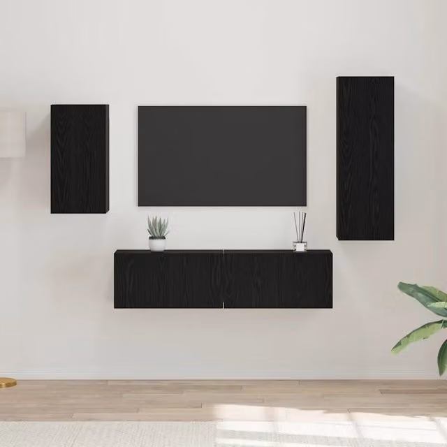 Set mobile TV moderno vidaXL in legno ingegnerizzato nero e rovere, 4 pezzi, da appendere alla parete