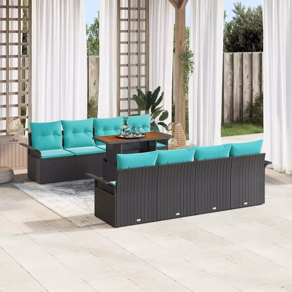 Set Divano da Giardino Moderno vidaXL in Polyrattan Nero e Turchese, 9 Pezzi