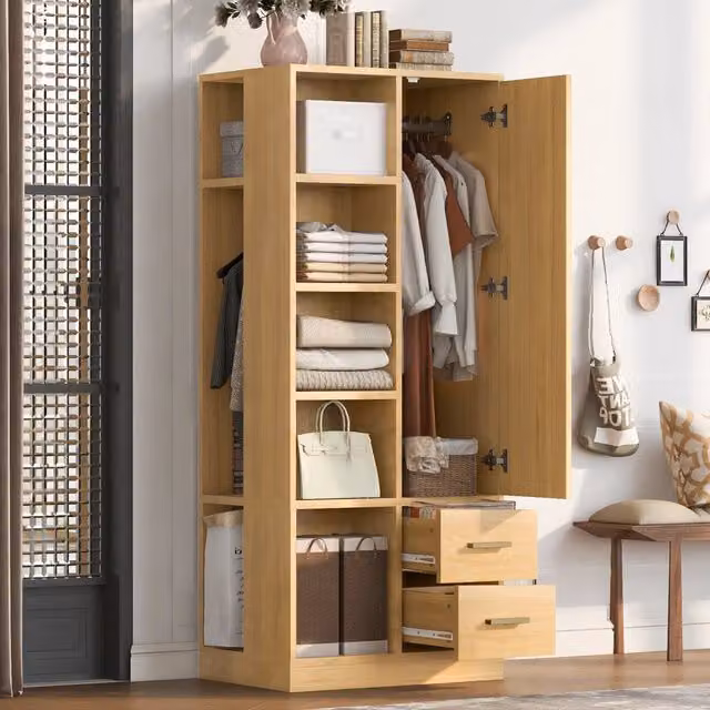 Armadio guardaroba a una porta con 2 aste; ripiani e cassetti; 70 x 50 x 170 cm; effetto legno