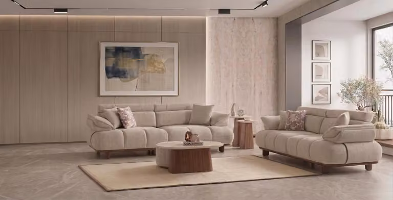 Set composto da: divano a 3 posti, tavolino, poggiapiedi, set di tavolini. Design moderno, colore beige, elegante