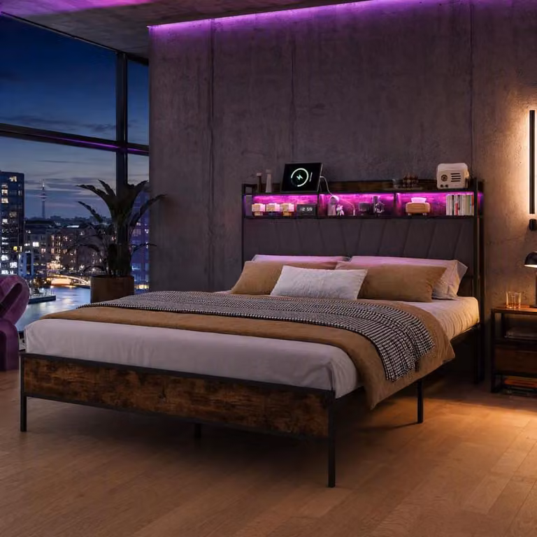 Letto UnboxG in metallo, 160 x 200 cm, con testiera contenitore, schienale imbottito, illuminazione LED e porta USB, stile industriale, struttura in metallo con rete a doghe in metallo