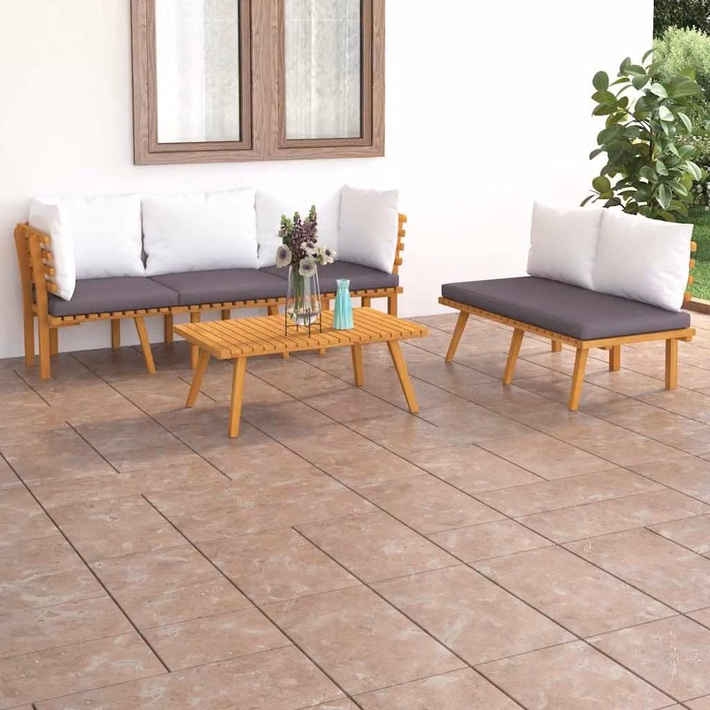 Set da giardino vidaXL in legno di acacia con cuscini e tavolino, composizione a L stile rustico marrone, bianco e grigio