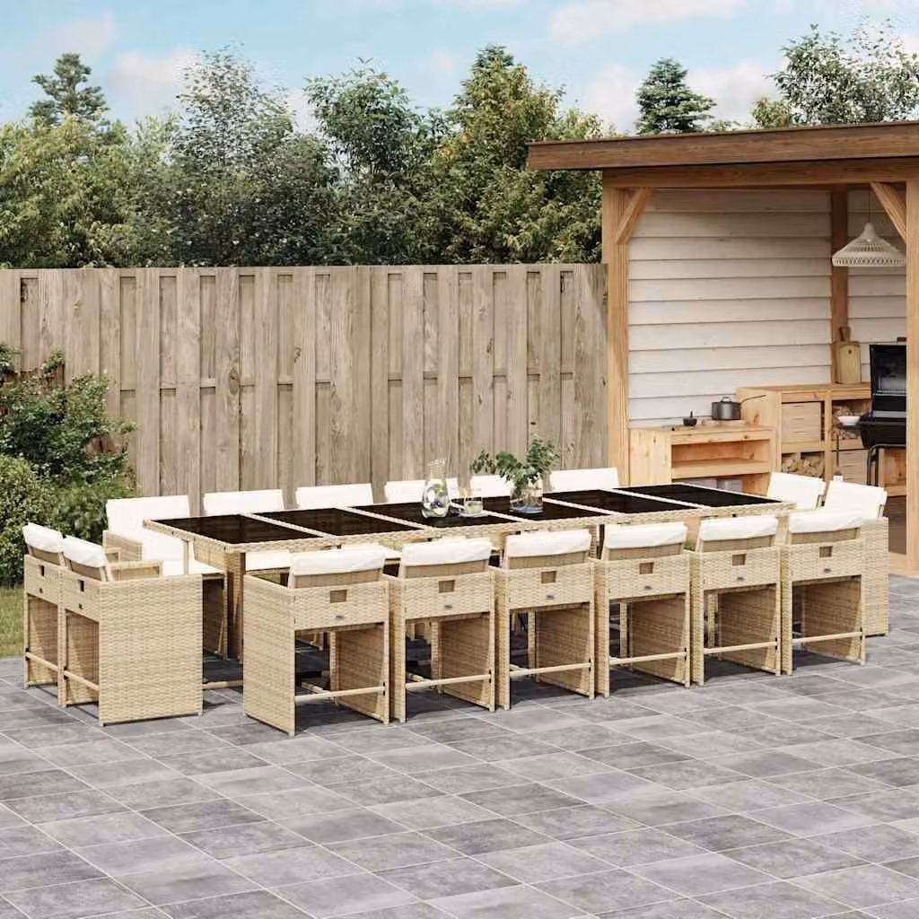 vidaXL Set da Pranzo da Giardino 17 pz in Polyrattan con Cuscini Beige e Piano in Vetro – 1