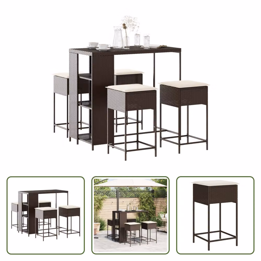 The Living Store Set bar da giardino 5 pezzi con cuscini in poly rattan marrone
