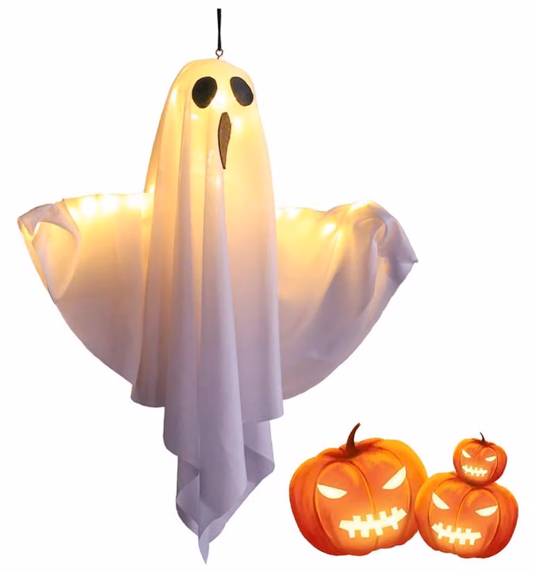 Spettri di Halloween da appendere, con luci LED, altezza 50 cm, in poliestere, con 3 modalità di illuminazione