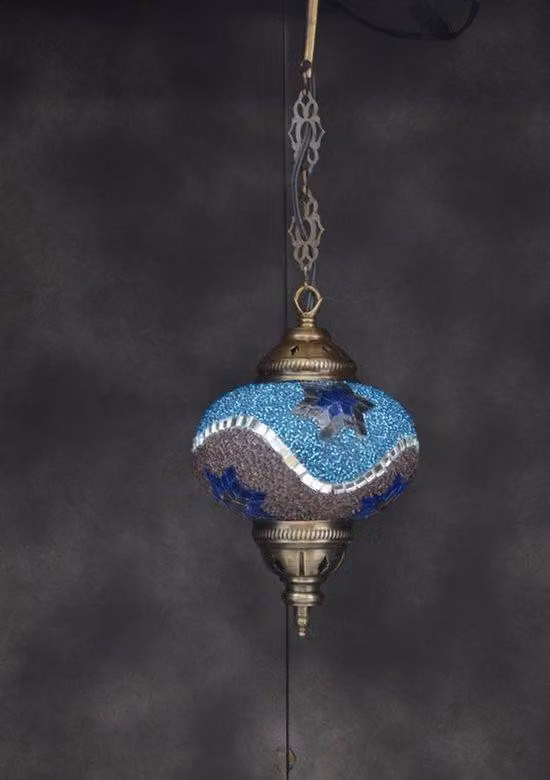 Lampada a sospensione Mozaïek - Lampada orientale fatta a mano, diametro 17 cm, altezza 53 cm, blu, design unico