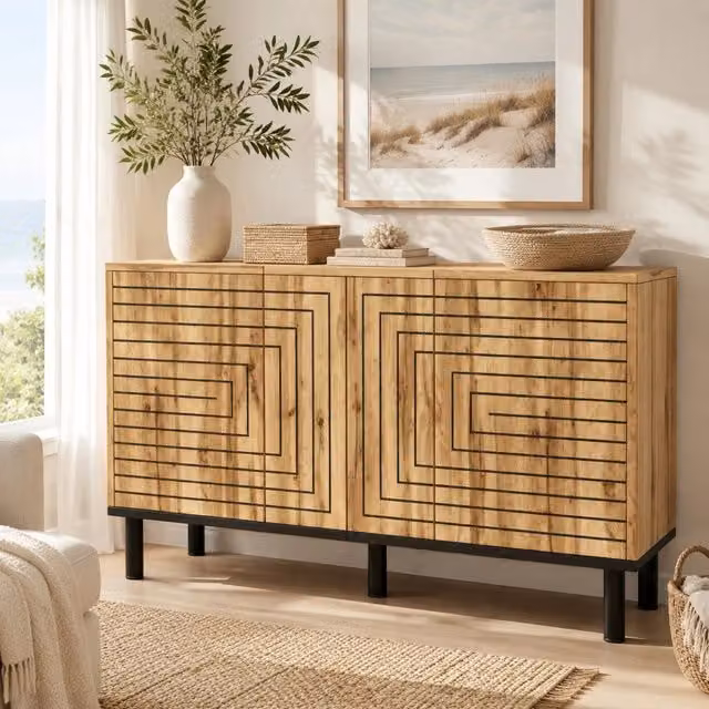 Madia Mivray con 3 ante push-open e 6 vani, motivo geometrico ondulato, color beige, L/P/H: 120 x 35 x 68 cm