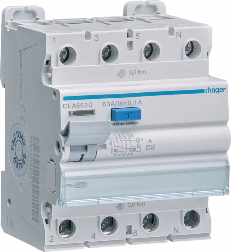 Interruttore differenziale Hager 4 poli, 10 kA, 63 A, 100 mA, tipo A, 1 pz.