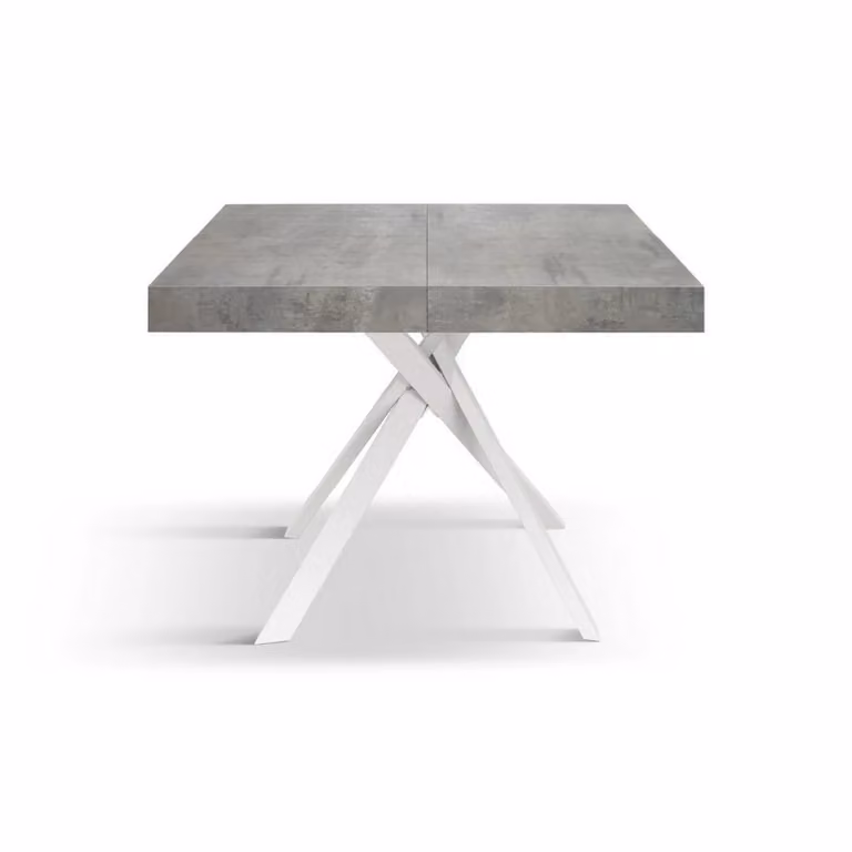 Tavolo FORTE DEI MARMI in legno, finitura grigio cemento e gambe incrociate in metallo bianco, allungabile 95×90 cm – 145 x 90 cm
