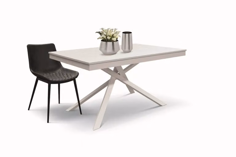 Tavolo VOLPAIA in legno, finitura bianco frassinato e metallo verniciato bianco, allungabile 140×80 cm – 190×80 cm