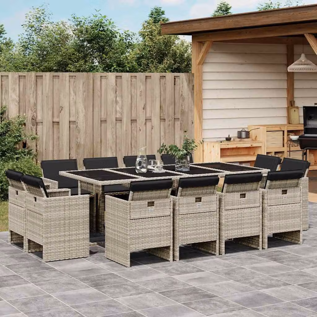 Set da pranzo da giardino vidaXL in polyrattan con cuscini e piano in vetro, 13 pezzi, grigio antracite – 1