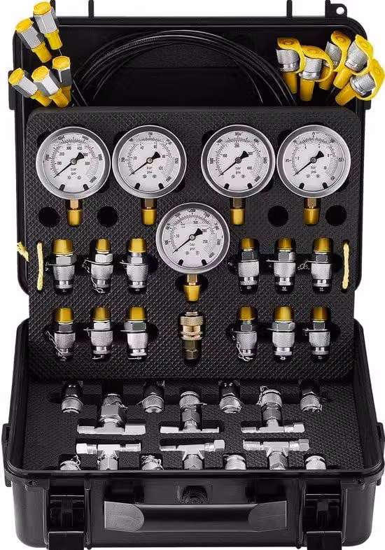 Kit di prova idraulica a pressione, con gamme da 10/100/250/400/600 bar, composto da 5 strumenti di misurazione, 13 morsetti, 14 raccordi a T, 5 tubi di prova. Set per macchine Graaf, completo di supporto per trattori e macchinari
