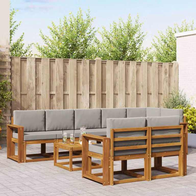 Set di divani da esterno vidaXL 9 pz in legno di acacia con tavolo da caffè e cuscini, Grigio e Marrone