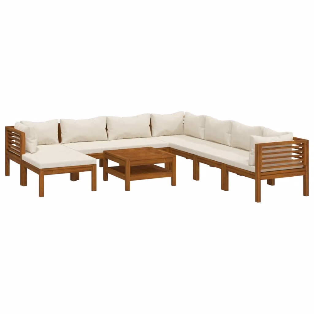 Set Divani da Giardino 9 pz con Cuscini Crema in Legno Acacia