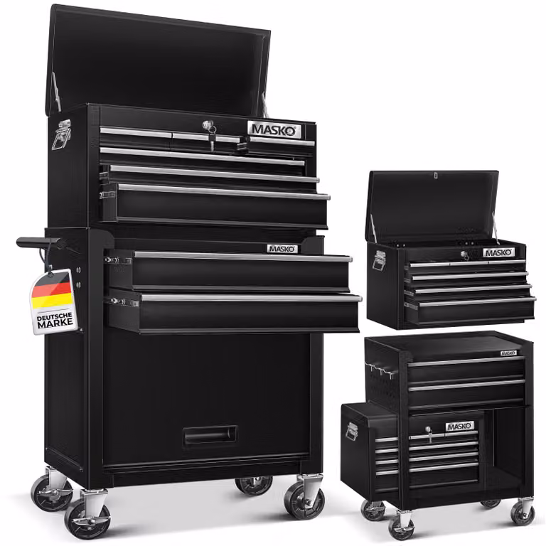 Carrello da officina MASKO® con serratura, 9 scomparti, struttura in metallo massiccio, completo di valigetta, senza attrezzi