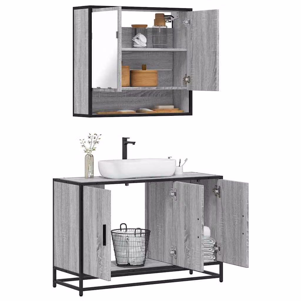 Set Mobili da Bagno 2 pz vidaXL in Stile Industrial Grigio con Mobile Lavabo e Armadietto Specchio