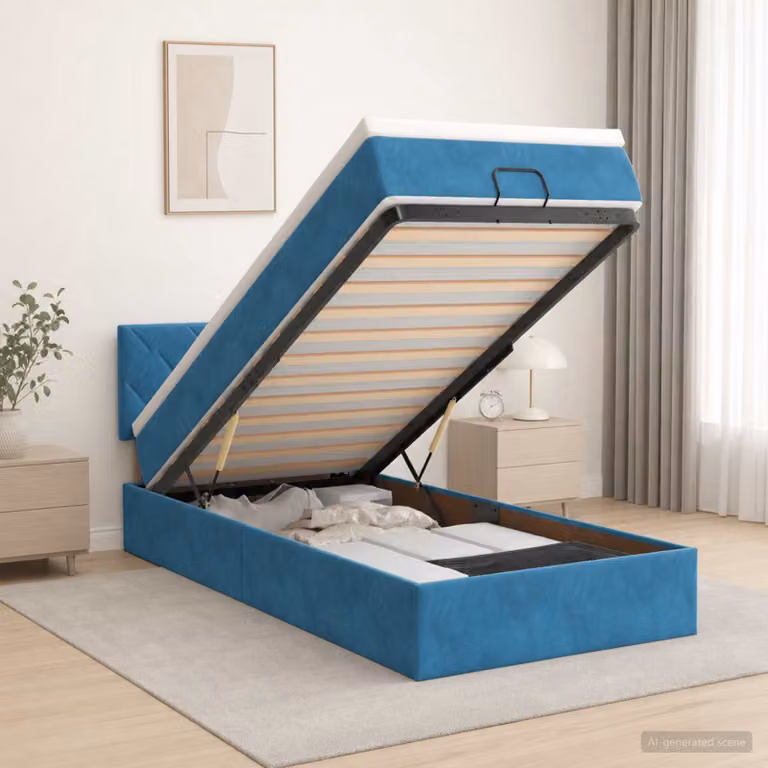 Letto ottomano con materasso vidaXL in velluto blu scuro, L 90 cm x P 200 cm