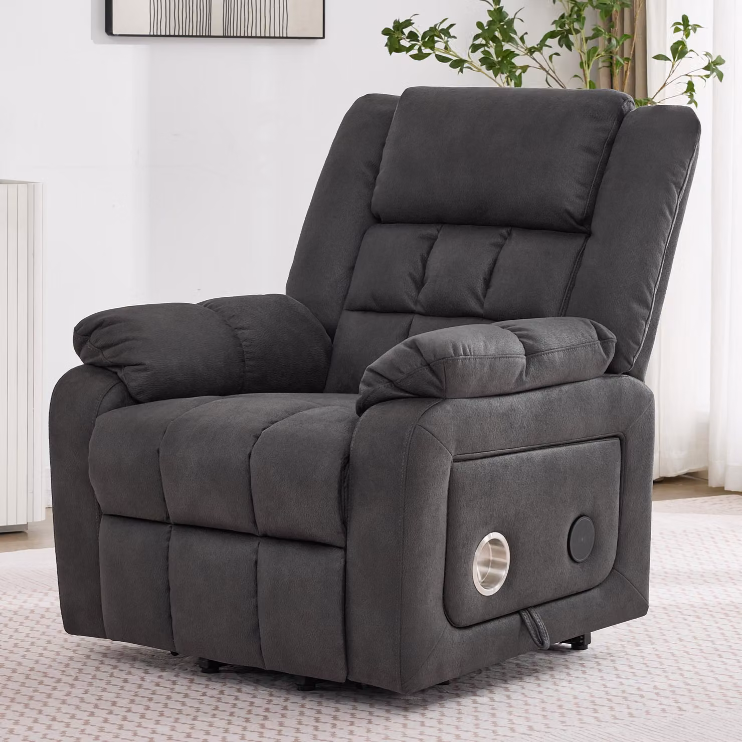 MODFU Poltrona elettrica per anziani poltrona massaggiante con poggiapiedi e funzione calore, poltrona TV con tasche laterali e portabicchieri, con USB, grigio