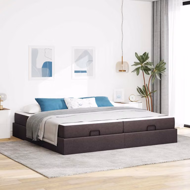 Set letto vidaXL con struttura imbottita in tessuto e materasso in schiuma, colore marrone, L/P/H: 200 x 200 x 43,5 cm