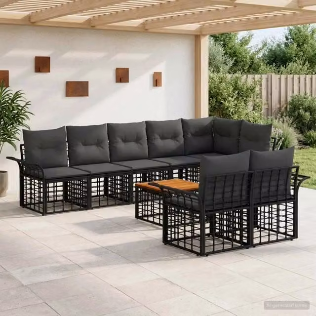 Set di divani da esterno 9 pz Nero e Grigio scuro polyrattan 3437731