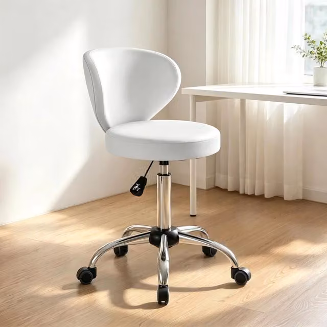 Sgabello da massaggio girevole con schienale in PU bianco, altezza regolabile 51-66 cm