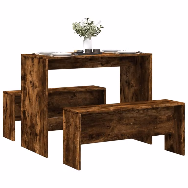 Set Tavolo da Pranzo e 2 Panche vidaXL in Rovere Fumo e Marrone con Finitura Opaca per Cucina e Sala da Pranzo