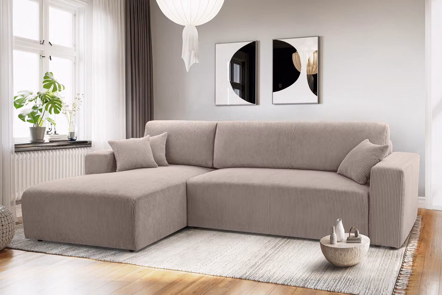 AX LIVING Catea Beige Divano con funzione letto - Divano angolare 279 cm con rete L
