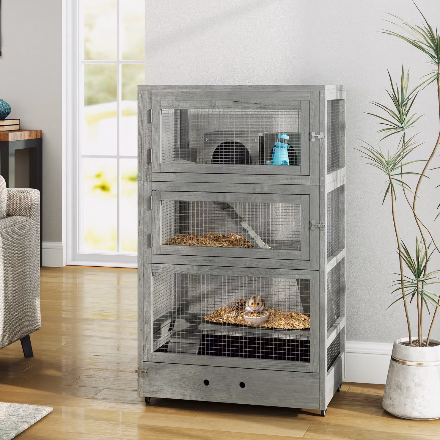 Gabbia per criceti PawHut in legno a quattro piani con casa, altalena, ciotole, rampe e ruota, H: 109 cm, L: 65 cm, P: 45 cm, Grigio – 2