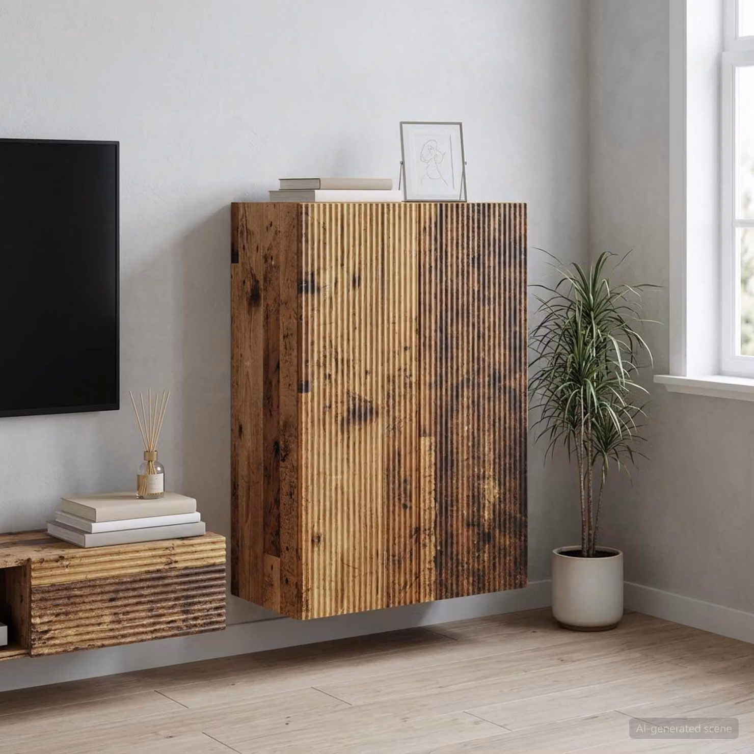 Mobiletto a muro vidaXL in legno marrone con illuminazione LED e ripiani interni, L: 66 cm, P: 34,5 cm, H: 90 cm