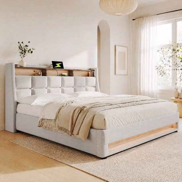 Letto imbottito 140x200 cm beige con LED, USB e contenitore