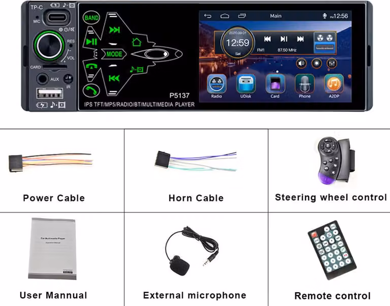 Autoradio con schermo touchscreen IPS da 3,8 pollici, lettore MP5, PM3 e Bluetooth