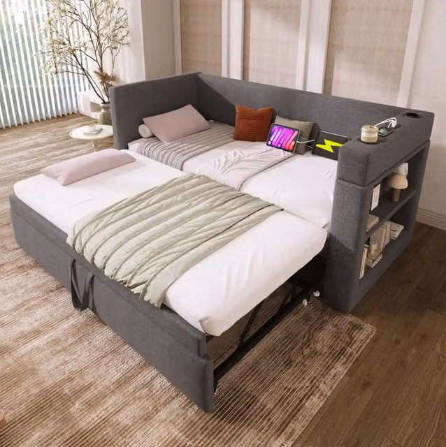 Divano letto estraibile 90x190 cm grigio con USB, Type-C e portabevande